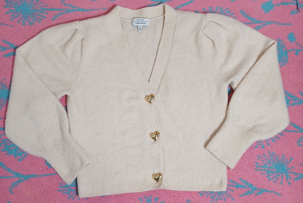 & other stories womens small puffer sleeve sweater cream cardigan wool alpaca